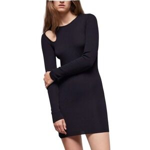 The Kooples‎ Black Ribbed Merino Wool Asymmetric Cutout Mini Dress Size 3 Large